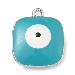 Темно-бирюзовый Подвески из латуни с покрытием из эмали, долговечный, без свинца и без кадмия, платина, квадрат с рисунком от сглаза, темные бирюзовый, 14x11.5x6 мм, отверстие : 1.2 мм