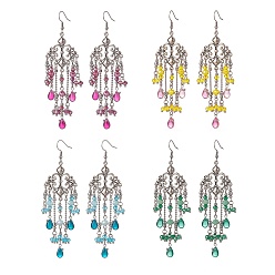 Mixed Color 4 Pairs 4 Color Glass Teardrop Tassel Chandelier Earrings, 316 Surgical Stainless Steel Long Drop Earrings for Women, Mixed Color, 104mm, Pin: 0.6mm, 1 Pair/color