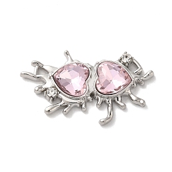 Pink Alloy Connector Charms, Melting Heart Links with Glass, Lead Free & Cadmium Free, Platinum, Pink, 24x40x6mm, Hole: 2.6x2mm and 2.6x2.8mm