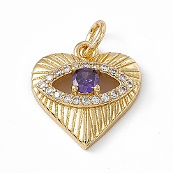 Mauve Rack Plating Brass Cubic Zirconia Pendants, Heart with Eye Charm, with Jump Ring, Long-Lasting Plated, Golden, Lead Free & Cadmium Free, Mauve, 18x16.5x6mm, Hole: 4mm