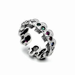Antique Silver Colorful Rhinestone Skull Wrap Open Cuff Ring, Gothic Brass Jewelry for Women, Antique Silver, US Size 8(18.1mm)