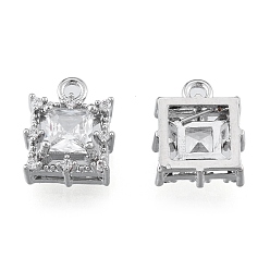 Real Platinum Plated Brass Micro Pave Clear Cubic Zirconia Charms, Cadmium Free & Nickel Free & Lead Free, Square, Real Platinum Plated, 10x8x4.5mm, Hole: 1.2mm