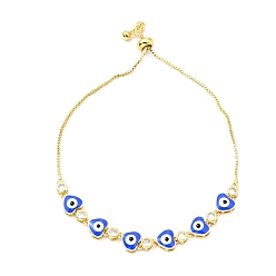 Blue Clear Cubic Zirconia & Enamel Heart with Evil Eye Links Slider Bracelet, Gold Plated Brass Jewelry for Women, Lead Free & Cadmium Free, Blue, 10-3/8 inch(26.4cm)