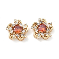 Оранжево-Красный Латунные звенья с инкрустацией кубическим цирконием, цветок, реальный 18 k позолоченный, оранжево-красный, 15x15.5x6.5 мм, отверстие : 1.2 мм