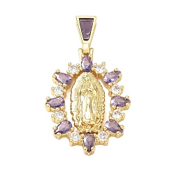 Lilac Religion Brass Pave Cubic Zirconia Pendants, with Enamel, Oval with Virgin Charms, Lead Free & Cadmium Free, Long-Lasting Plated, Rack Plating, Real 18K Gold Plated, Lilac, 36mm, Pendant: 29x20x4mm, Hole: 5.5x3mm