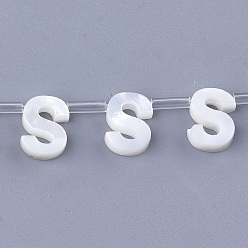 Letter S Natural Sea Shell Beads, White Shell Mother of Pearl Shell, Top Drilled Beads, Letter.S, 10x2.5~11.5x3mm, Hole: 0.8mm