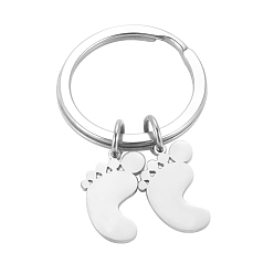 Stainless Steel Color 304 Stainless Steel Pendant Keychain, Smooth Laser Cut Footprint Keychain, Stainless Steel Color, two footprint, 4.5cm