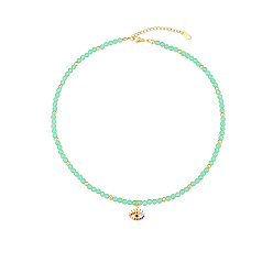 Green Aventurine Natural Green Aventurine Beaded Necklaces, with Golden Plated Metal Eye Charms, 15.75 inch(40cm), Charm: 13.7x13.8mm