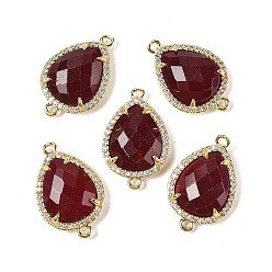 Белый Нефрит Подвески-коннекторы из натурального окрашенного белого нефрита в форме капли, покрытие стойки латунное микропаве прозрачные звенья кубического циркония, золотые, стойки покрытие, темно-красный, 23x15x5.5 мм, отверстие : 1.4 мм