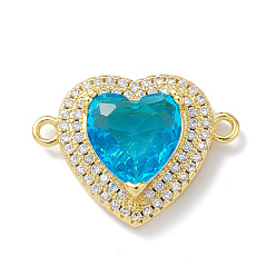 Dark Turquoise Rack Plating Brass Pave Cubic Zirconia Connector Charms, Heart Links, Lead Free & Cadmium Free, Long-Lasting Plated, Real 18K Gold Plated, Dark Turquoise, 16x22x7mm, Hole: 1.6mm
