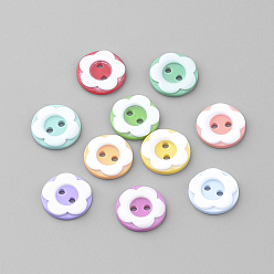 Mixed Color 2-Hole Acrylic Buttons, Flat Round/Flower, Mixed Color, 12x2mm, Hole: 1.5mm