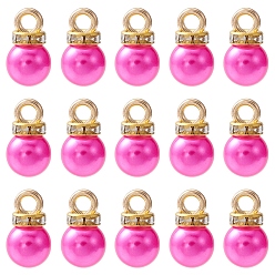 Magenta ABS Plastic Charms, with Golden Tone Iron Findings and Rhinestone, Dyed, Round Charm, Magenta, 13.5x8mm, Hole: 2.5mm, about 15pcs/bag
