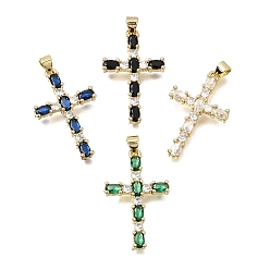 Mixed Color Brass Pave Cubic Zirconia Pendants, Cross with Oval Charms, Long-Lasting Plated, Cadmium Free & Lead Free, Real 18K Gold Plated, Mixed Color, 32.5x19.5x3.5mm, Hole: 4x3.5mm