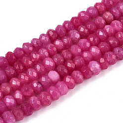 Средний Фиолетово-красный Натуральный белый нефритовый шарик нити, окрашенные, граненые, рондель, средне фиолетовый красный, 4~5x3 мм, отверстие : 0.5 мм, около 115~120 шт / нитка, 13.39~13.98 дюйм (34~35.5 см)