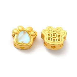 Matte Gold Color Alloy Beads, with Glass, Lead Free & Cadmium Free, Cat Paw Print, Matte Gold Color, 9.5x11.3x6.5mm, Hole: 1.2~1.8mm