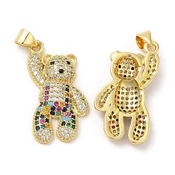 Colorful Brass Pendants, with Cubic Zirconia, Lead Free & Cadmium Free, Bear Charms, Real 18K Gold Plated, Colorful, 27.5x16x4.5mm, Hole: 5.3x3.2mm