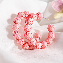 Pink Rattan Round Bead C-shaped Stud Earrings, with Metal Pins, Half Hoop Earrings, Bohemia Style Long Drop Earrings for Women, Pink, 60mm