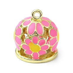 Ярко-Розовый Подвески из латуни с эмалью в стойку, долговечный, без свинца и без кадмия, реальный 18 k позолоченный, цветочный шарм, ярко-розовый, 12x11x9~9.5 мм, отверстие : 1 мм