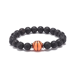 Basketball Natural Lava Rock & Synthetic Hematite & Acrylic Beaded Stretch Bracelet, Essential Oil Gemstone Jewelry for Men Women, Basketball Pattern, Inner Diameter: 2-1/8 inch(5.5cm)