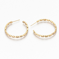 Real 18K Gold Plated Brass Micro Pave Clear Cubic Zirconia Half Hoop Earrings, Stud Earring, Cable Chain Shape, Nickel Free, Real 18K Gold Plated, 34x34x2.5mm, Pin: 0.7mm