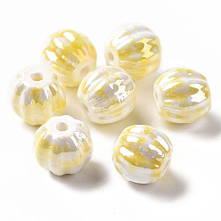 Gold Handmade Pearlized Porcelain Beads, Bright Glazed Porcelain, Rainbow Plated, Pumpkin, Gold, 13x12mm, Hole: 2mm
