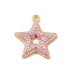 Pink Латунные микро проложить кубического циркония прелести, Эмаль стиле, без кадмия и без свинца, звезда очарование, золотые, розовые, 17x15.5x2.5 мм, отверстие : 1.2 мм