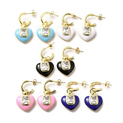 Mixed Color Enamel Heart Dangle Stud Earrings with Clear Cubic Zirconia, Real 18K Gold Plated Brass Jewelry for Valentine's Day, Mixed Color, 32.5mm, Pin: 0.7mm