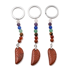 Red Jasper Natural Red Jasper Feather Keychain, with Chakra Gemstone Bead and Platinum Tone Rack Plating Brass Findings, 11.4cm