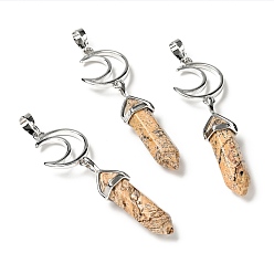 Picture Jasper Natural Picture Jasper Double Terminated Pointed Big Pendants, with Platinum Tone Brass Findings, Cadmium Free & Lead Free, Moon with Bullet, Faceted, 70~75mm, Hole: 4.6x8mm