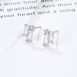 Clear Cubic Zirconia Rectangle Stud Earrings, Silver 925 Sterling Silver Post Earrings, with 925 Stamp, Clear, 8.5x5.8mm