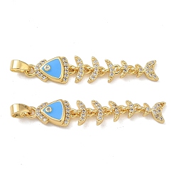 Deep Sky Blue Brass Micro Pave Clear Cubic Zirconia Pendants, with Enamel, Fish Charms, Real 18K Gold Plated, Deep Sky Blue, 37x7x2.5mm, Hole: 5x3mm