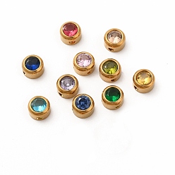 Mixed Color Eco-Friendly 304 Stainless Steel Beads, with Glass, Flat Round, Mixed Color, 6x4mm, Hole: 1.2mm