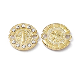 Crystal Alloy Connector Charms, with Rhinestones, Flat Round Links with Religion Virgin Pattern, Light Gold, Crystal, 14x2mm, Hole: 1.8mm