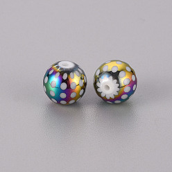 Multi-color Plated Electroplate Glass Beads, Round with Dots Pattern, Multi-color Plated, 10mm, Hole: 1.2mm