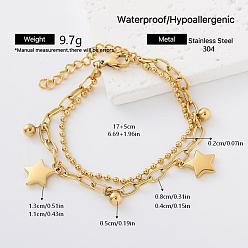 Star 304 Stainless Steel Charm 2-Strand Bracelets for Women, Golden, Star, 6.69 inch(17cm)