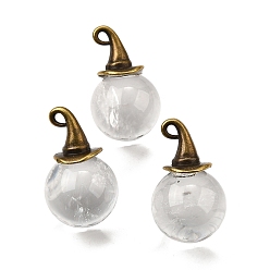 Хрусталь Круглые подвески из натурального кварцевого кристалла с ведьминой шляпой из сплава, античная бронза, 27~27.5x16~16.5 мм, отверстие : 1.5x2 мм