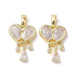 Real 18K Gold Plated Valentine's Day Brass Micro Pave Clear Cubic Zirconia Pendants, Heart Charms, Real 18K Gold Plated, 18.5x13x3mm, Hole: 5x2.8mm