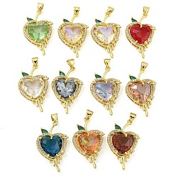 Mixed Color Rack Plating Brass Micro Pave Clear Cubic Zirconia Pendants, with Glass, Long-Lasting Plated, Cadmium Free & Lead Free, Real 18K Gold Plated, Heart Charms, Mixed Color, 30x17x9.5mm, Hole: 4.5x3.5mm