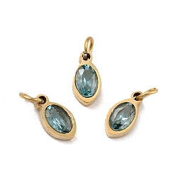 Pale Turquoise Vacuum Plating 304 Stainless Steel Pendants, with Cubic Zirconia and Jump Rings, Single Stone Charms, Oval, Golden, Pale Turquoise, 10x5x3mm, Hole: 3.4mm