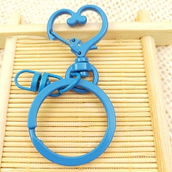 Deep Sky Blue Alloy Swivel Keychain Clasps, with Key Rings, Heart, Deep Sky Blue, 68mm