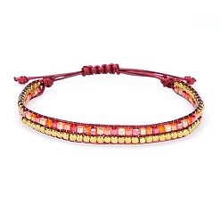 6 Burgundy Bohemian Style Handmade Crystal Beaded Bracelet - Copper Beads, Woven, Wax Thread.