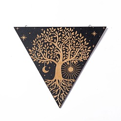 Tree of Life Triangle Rustic Boho Wooden Wall-Mounted Decorations, Sun Moon Wall Sign for Home Bedroom, with Platinum Plated Iron Findings, Tree of Life, 223x250x4.5mm, Hole: 7.5x11mm