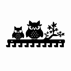Black Iron Wall Mounted Hook Hangers, Decorative Organizer Rack with 10 Hooks, for Bag Clothes Key Scarf Hanging Holder, Owl, Black, 15x33cm