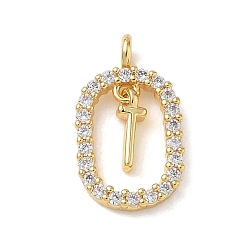 Настоящее золото 18K Латунные микропаве прозрачные подвески с фианитом, овальный с подвесками в виде буквы Т, стойки покрытие, долговечный, без кадмия и без свинца, реальный 18 k позолоченный, 18.5x11x3.8 мм, отверстие : 1.8 мм