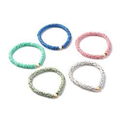 Mixed Color Handmade Polymer Clay Heishi Beads Stretch Bracelet, Heart Brass Beads Bracelet for Women, Golden, Mixed Color, Inner Diameter: 2-1/8 inch(5.3cm)