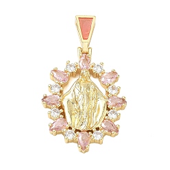 Pink Religion Brass Pave Cubic Zirconia Pendants, with Enamel, Oval with Saint Benedict Charms, Lead Free & Cadmium Free, Long-Lasting Plated, Rack Plating, Real 18K Gold Plated, Pink, 36mm, Pendant: 29x20x4mm, Hole: 5.5x3mm