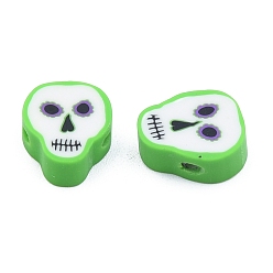 Lime Handmade Polymer Clay Beads, Skull, Lime, 11x9.5x4mm, Hole: 1.5mm