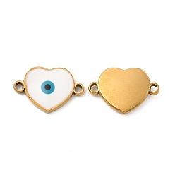 White 201 Stainless Steel Enamel Connector Charms, Real 24K Gold Plated, Heart Links with Evil Eye, White, 18x12.5x2.5mm, Hole: 1.6mm