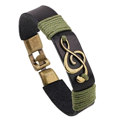 Olive Drab Alloy Musical Note Link Bracelet with Leather Cords, for Men, Olive Drab, 7-1/8~8-5/8 inch(18~22cm)