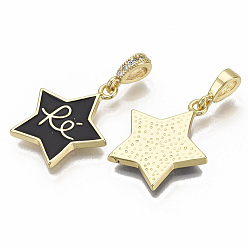 Black Brass Micro Pave Cubic Zirconia Pendants, with Enamel, Nickel Free, Star with Word Re, Real 16K Gold Plated, Black, 21x18.5x2mm, Hole: 2.5mm